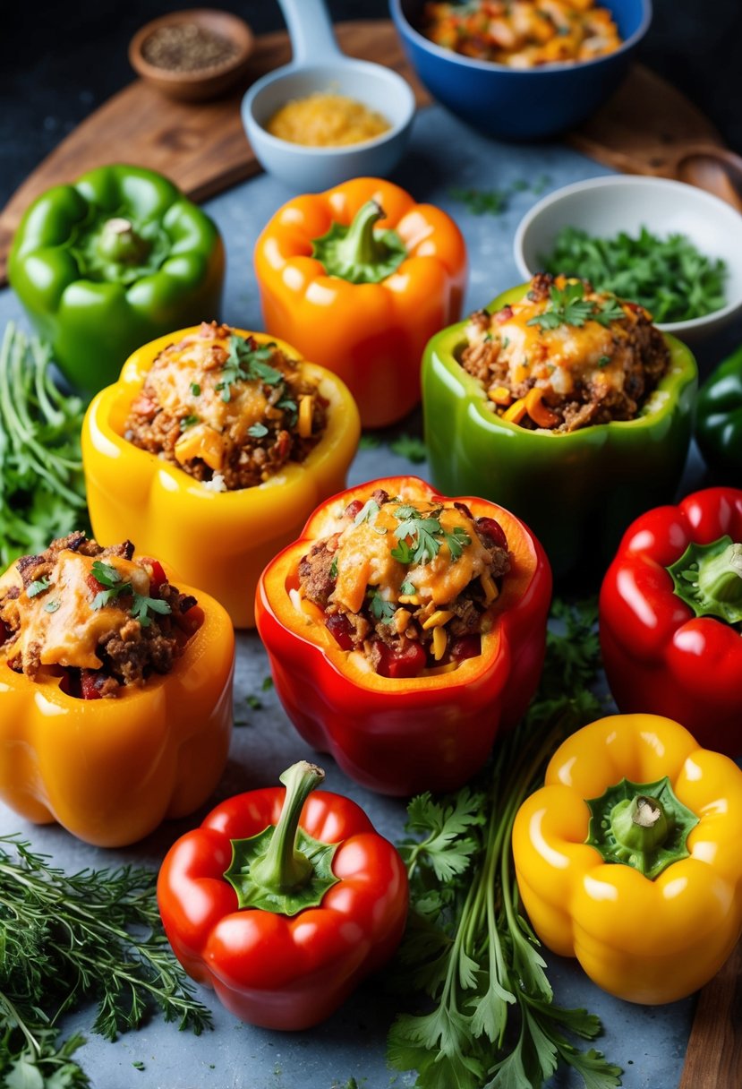 A colorful array of bell peppers stuffed with a savory mixture, surrounded by fresh herbs and ingredients