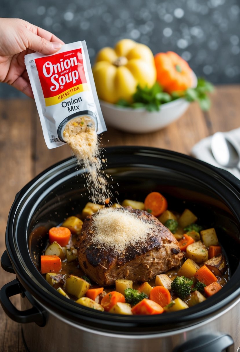 A crock pot filled with roasted vegetables and meat, with a packet of onion soup mix being sprinkled over the top for extra flavor