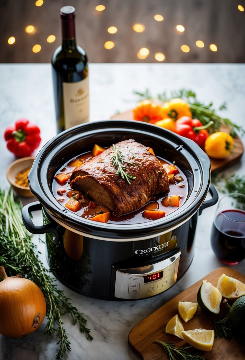 A bubbling crock pot filled with rich, aromatic roast, surrounded by a bottle of red wine and fresh ingredients