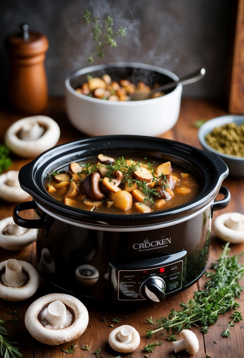 Mushrooms and herbs scattered around a bubbling crock pot with rich, earthy aromas filling the kitchen