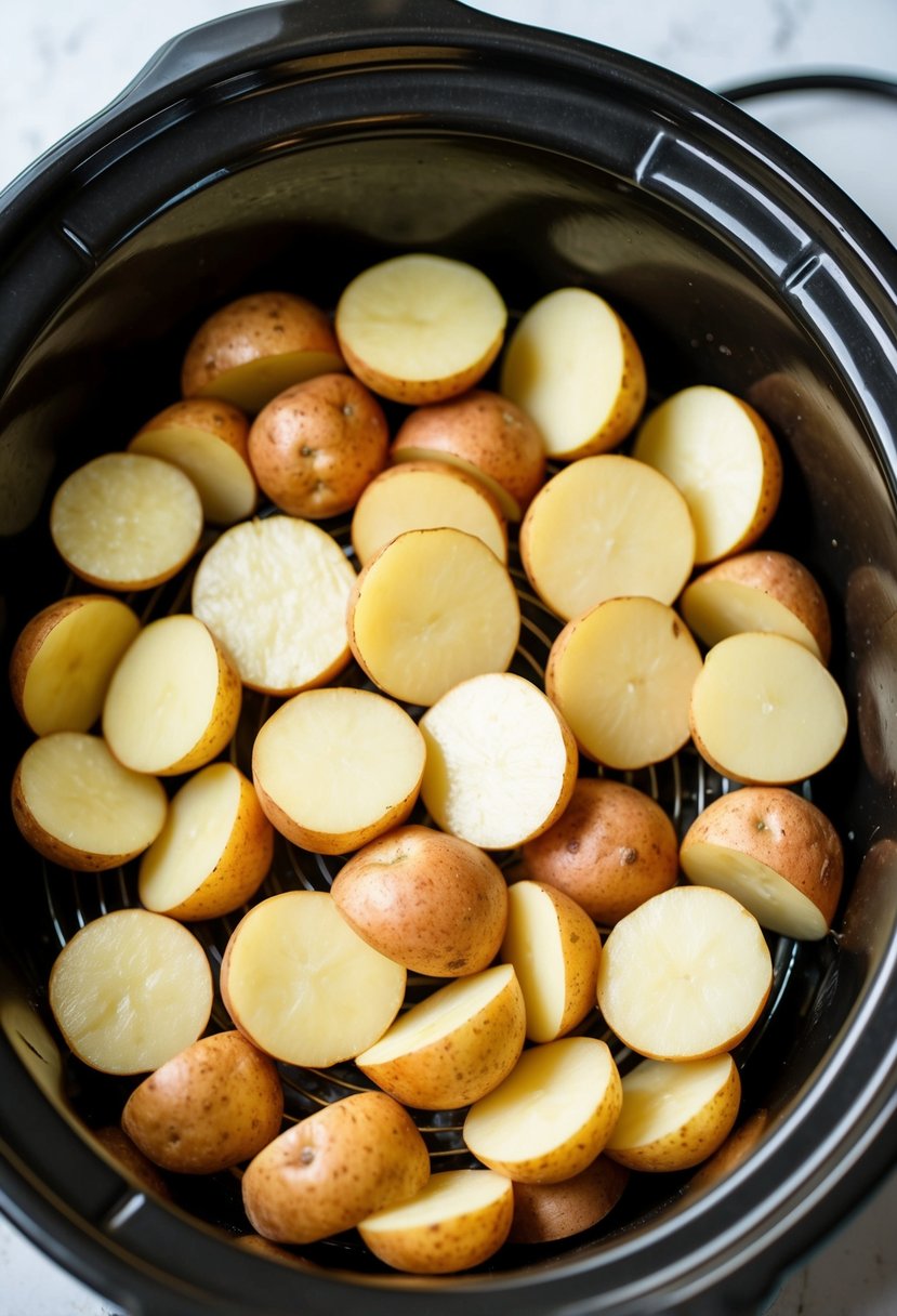 Sliced potatoes arranged in layers at the bottom of a roasting crock pot