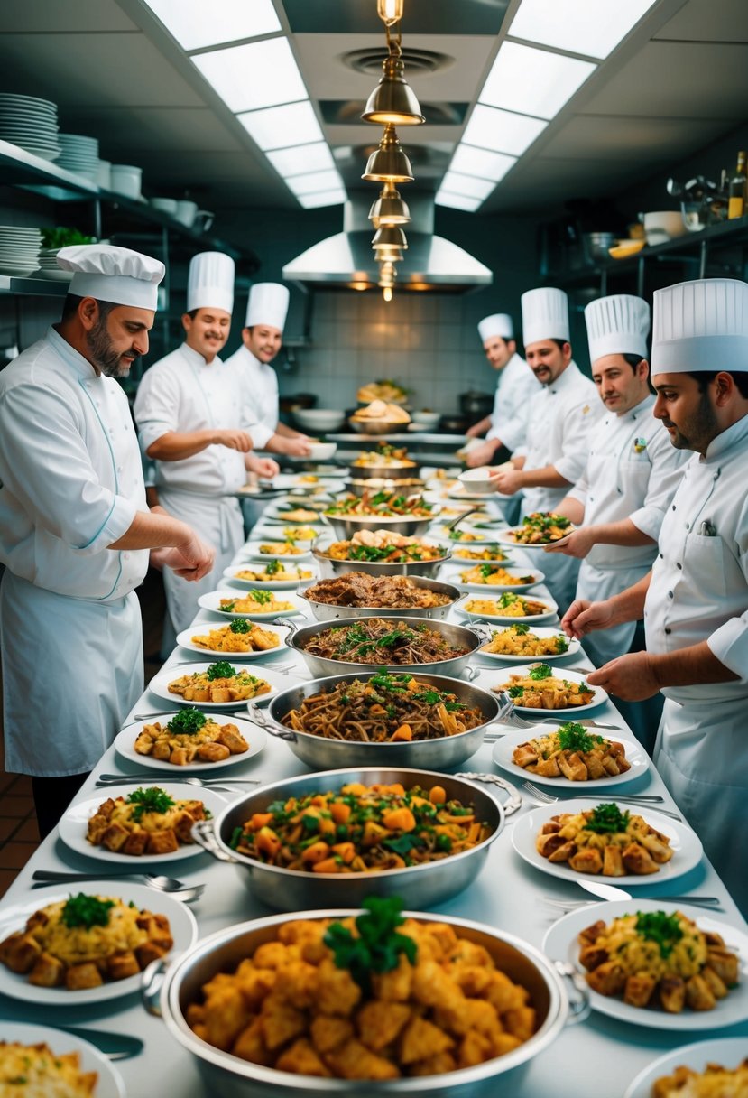 A grand feast table with overflowing dishes, surrounded by bustling chefs and bakers in a bustling kitchen