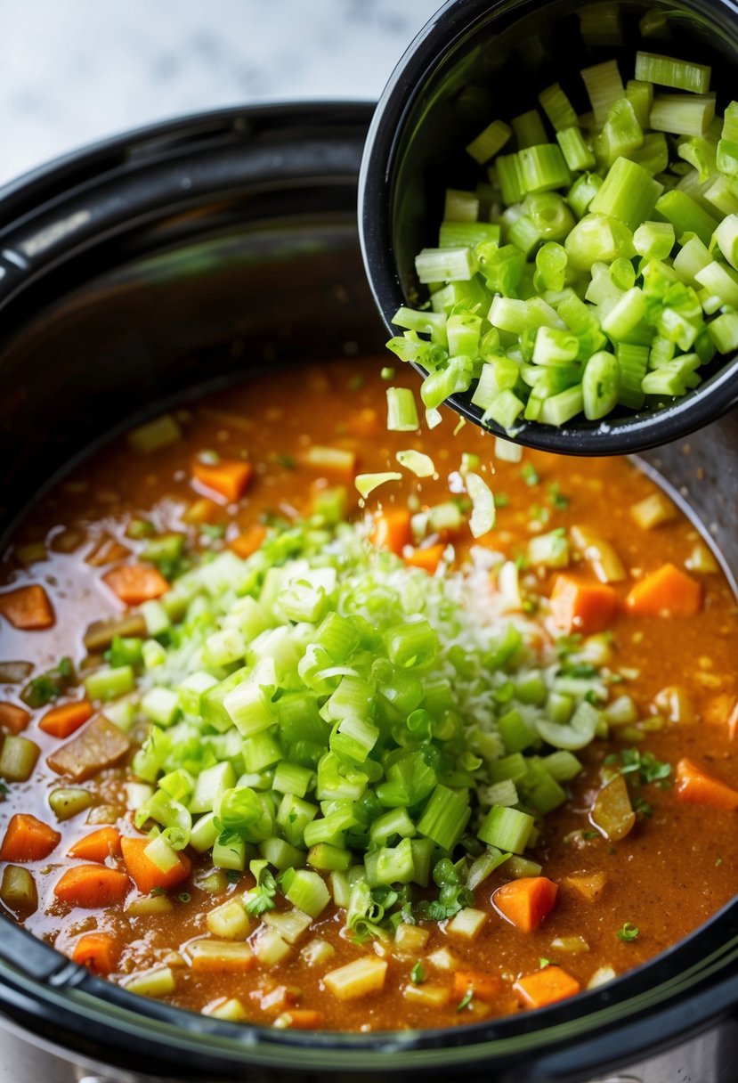 Chopped celery being sprinkled over a bubbling crock pot filled with a hearty stew