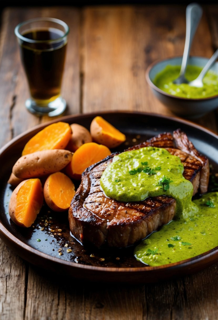 A sizzling steak with vibrant green sauce, accompanied by golden sweet potatoes on a rustic wooden platter