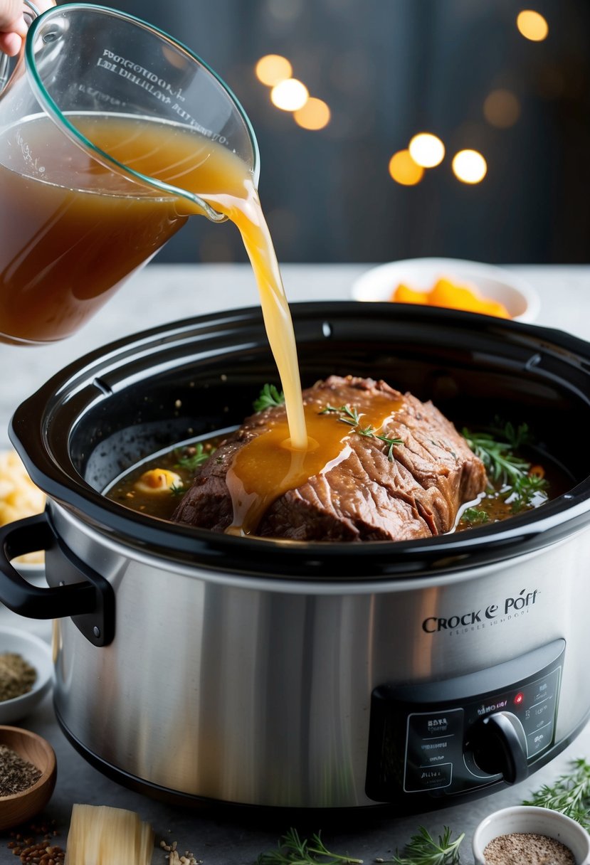 A beef broth being poured over a juicy roast in a crock pot, surrounded by various herbs and spices