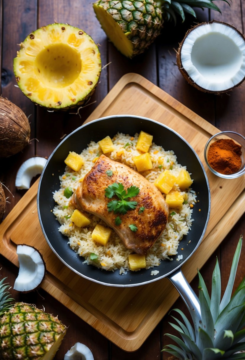 A sizzling pan of pineapple pork and coconut rice on a wooden table, surrounded by fresh pineapple, coconut, and spices