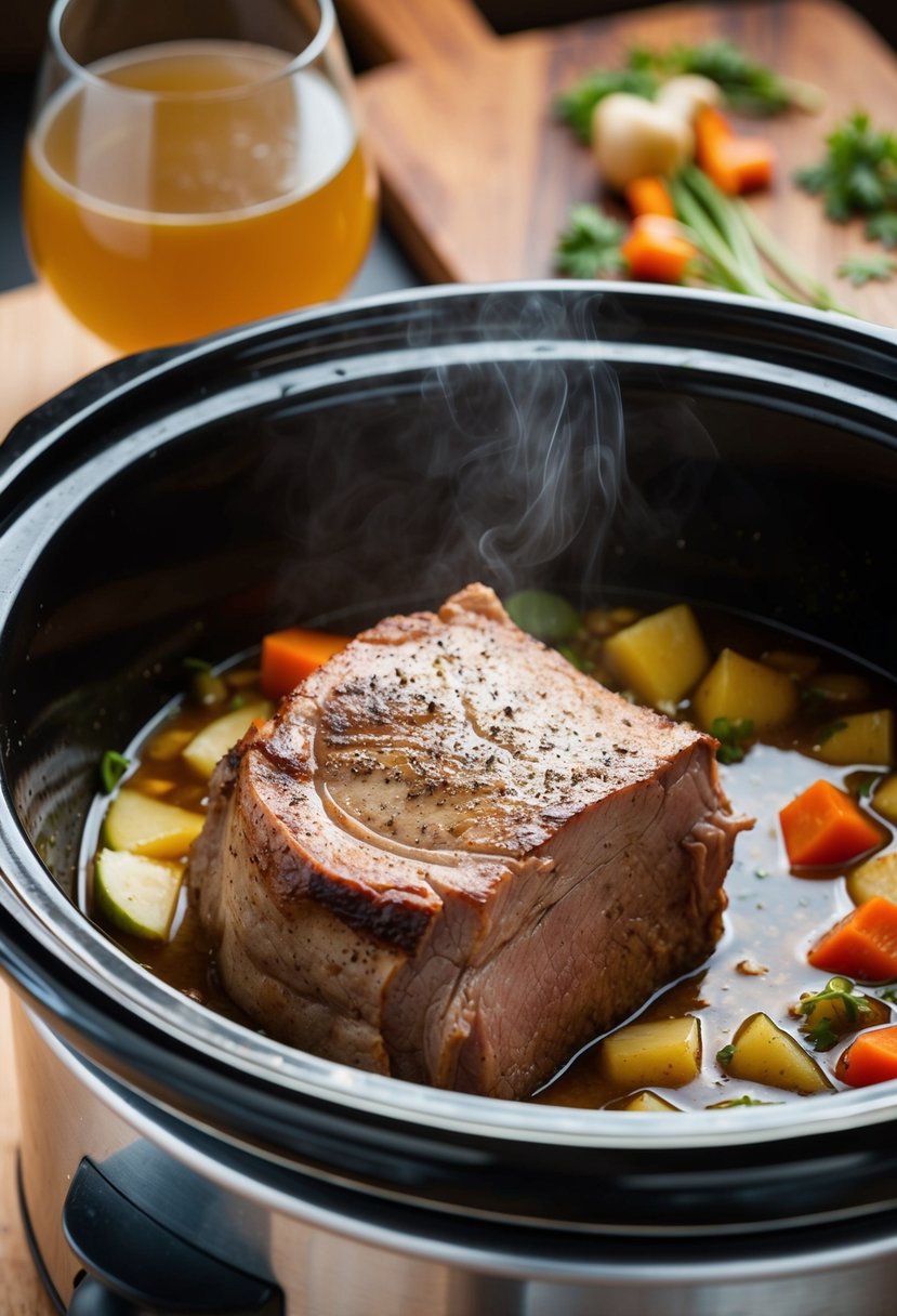 A chuck roast being seared in a hot pan before being placed in a crock pot with vegetables and broth