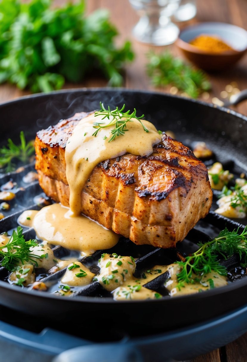 A succulent pork tenderloin sizzling on a hot grill, smothered in a rich, creamy Dijon sauce, surrounded by fresh herbs and spices