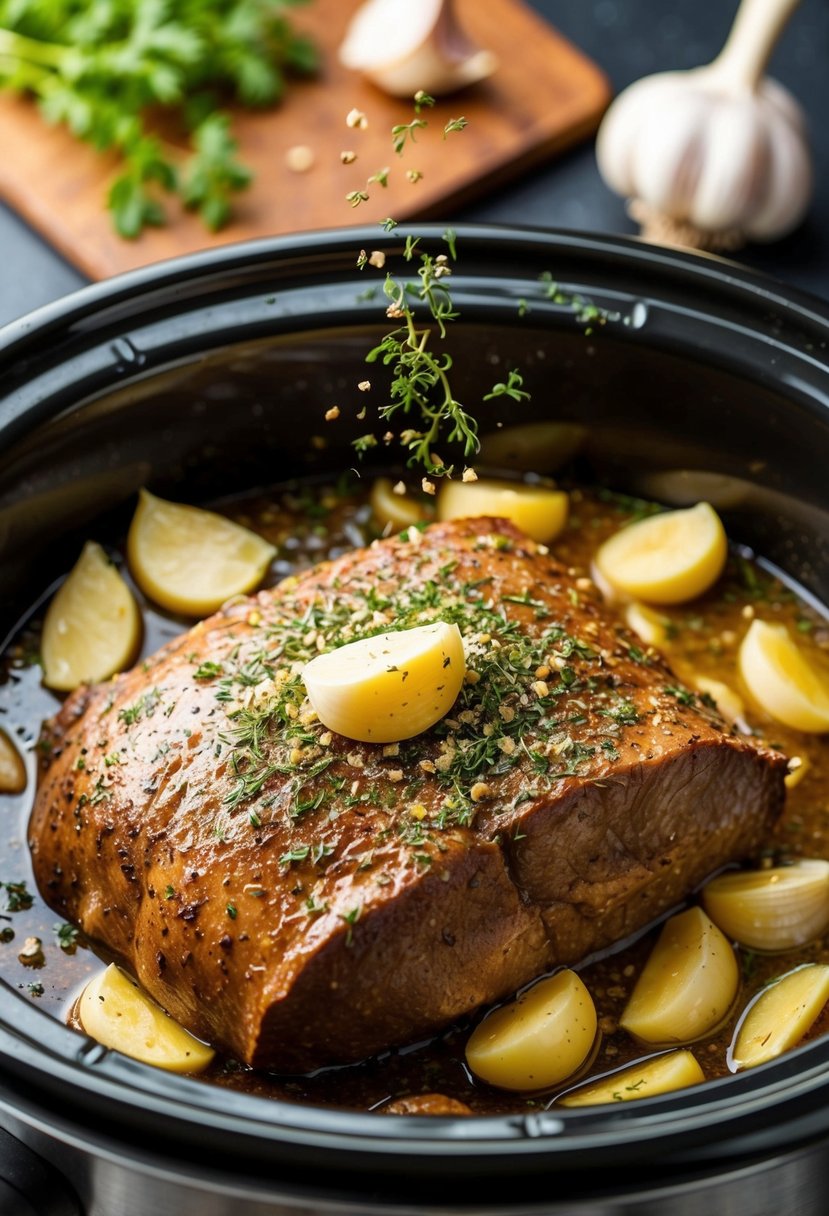 Garlic cloves and herbs sprinkled over a sizzling roast in a bubbling crock pot