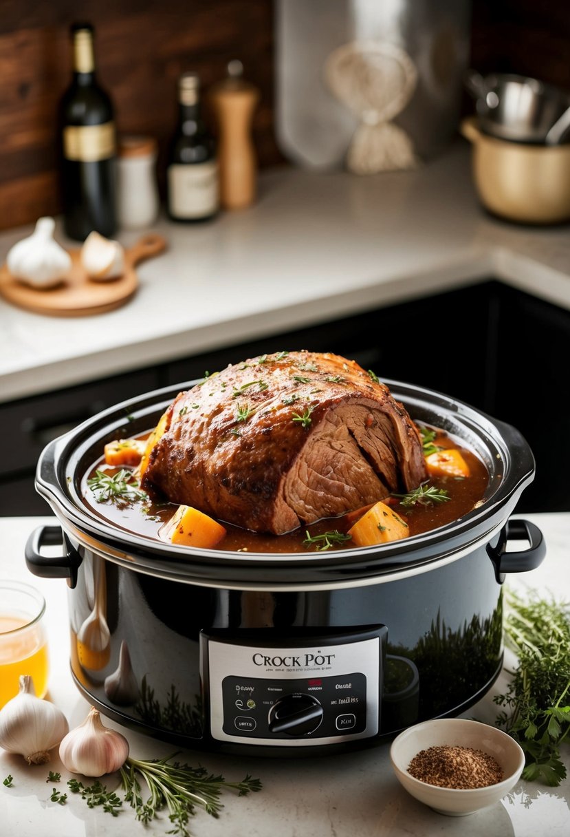 A crock pot filled with a savory roast, surrounded by Worcestershire sauce, garlic, and herbs, simmering on a kitchen counter