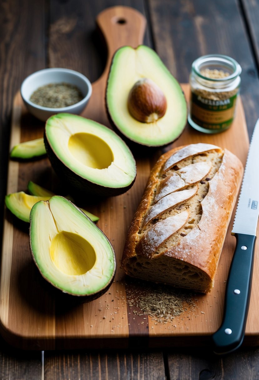 A wooden cutting board with sliced avocado, a halved avocado, a loaf of artisan bread, a jar of seasoning, and a knife