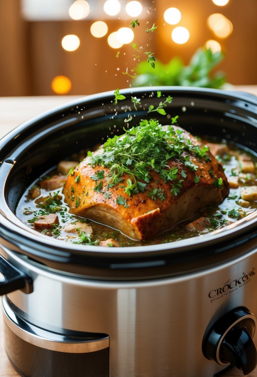 Fresh herbs sprinkled over a bubbling crock pot filled with a savory roast