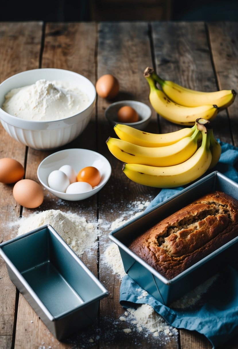 A rustic kitchen with a wooden table covered in flour, eggs, and ripe bananas. A mixing bowl and a loaf pan sit ready for the epic banana bread recipe