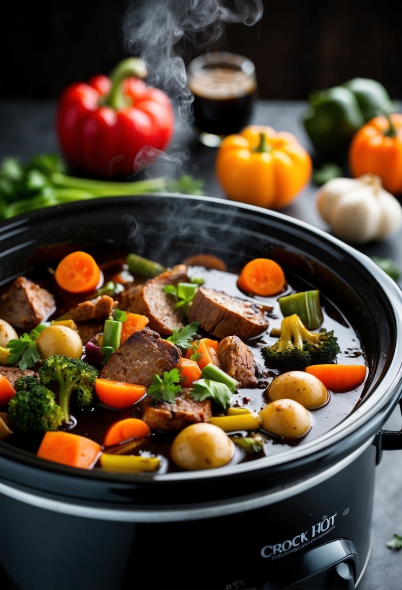 A crock pot filled with various vegetables and meats simmering in a rich, dark balsamic vinegar sauce, emitting a tantalizing aroma