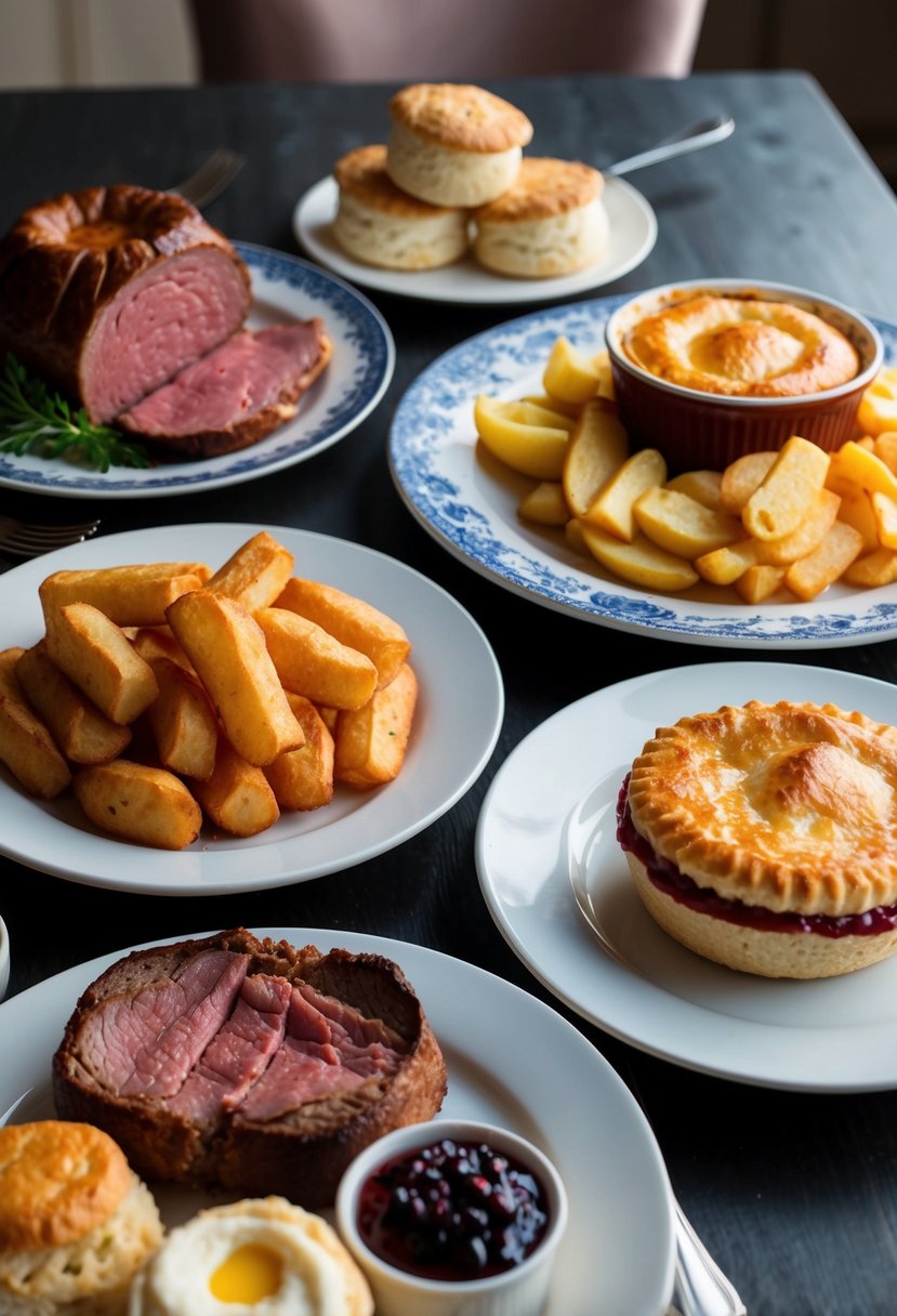 A table with various English dishes: roast beef, Yorkshire pudding, fish and chips, shepherd's pie, and scones with clotted cream and jam