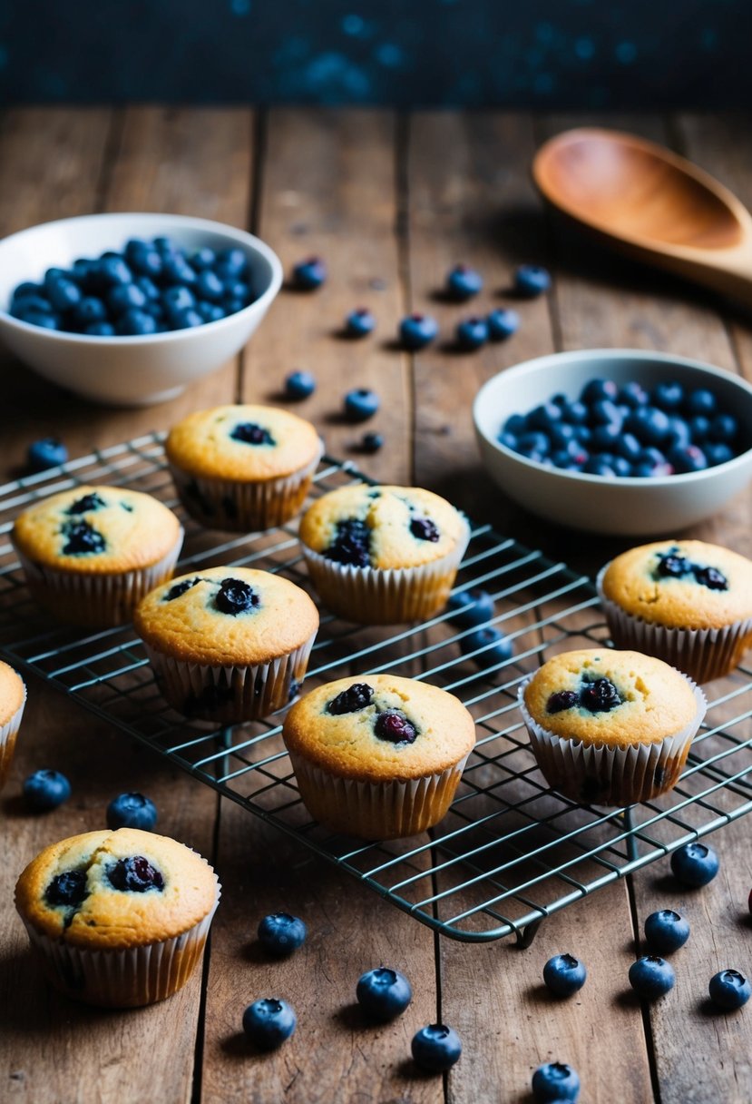 A rustic kitchen counter with scattered blueberries, a mixing bowl, and freshly baked muffins cooling on a wire rack