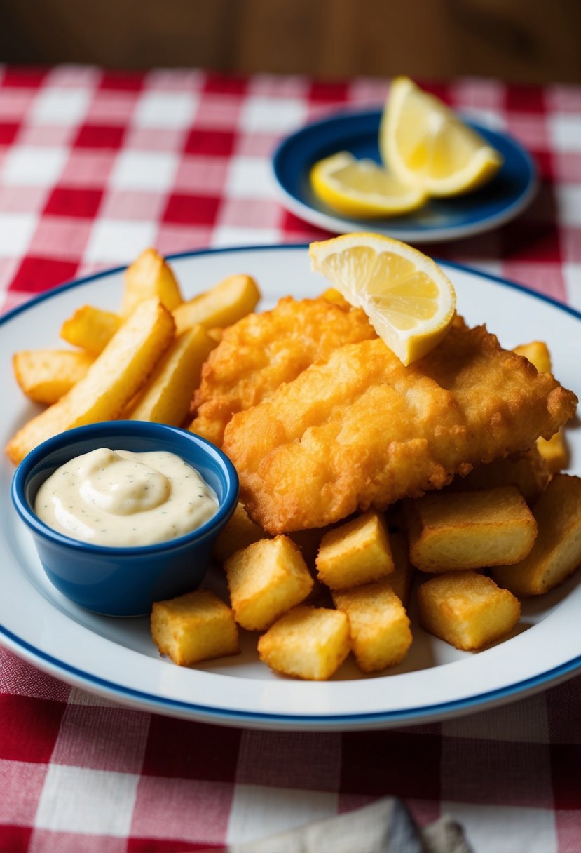 A plate of golden crispy fish and chips with a side of tartar sauce and a slice of lemon on a checkered tablecloth