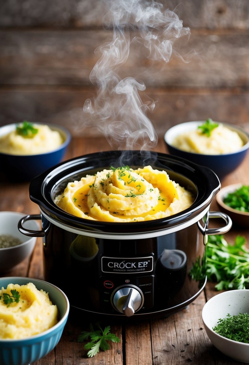 A steaming crock pot sits on a rustic wooden table, surrounded by bowls of creamy mashed potatoes and fresh herbs