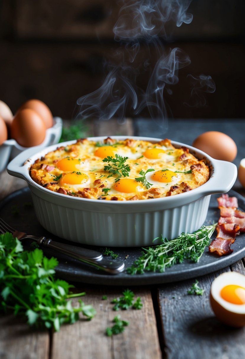 A steaming breakfast casserole sits on a rustic table, surrounded by fresh herbs, eggs, and sizzling bacon