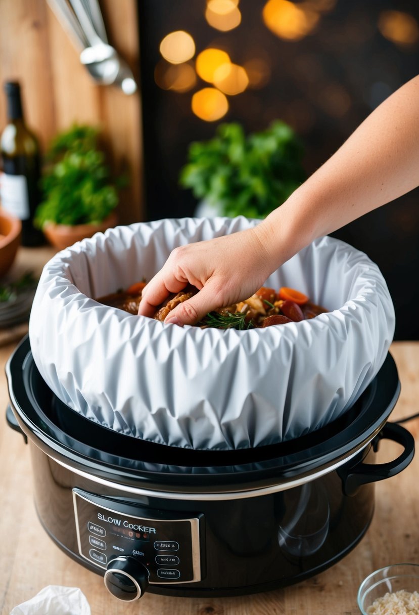 A slow cooker liner being placed into a crock pot before adding ingredients for a roast recipe