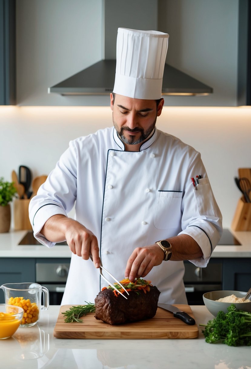 A chef preparing Beef Wellington in a modern kitchen with ingredients and utensils laid out on a clean countertop