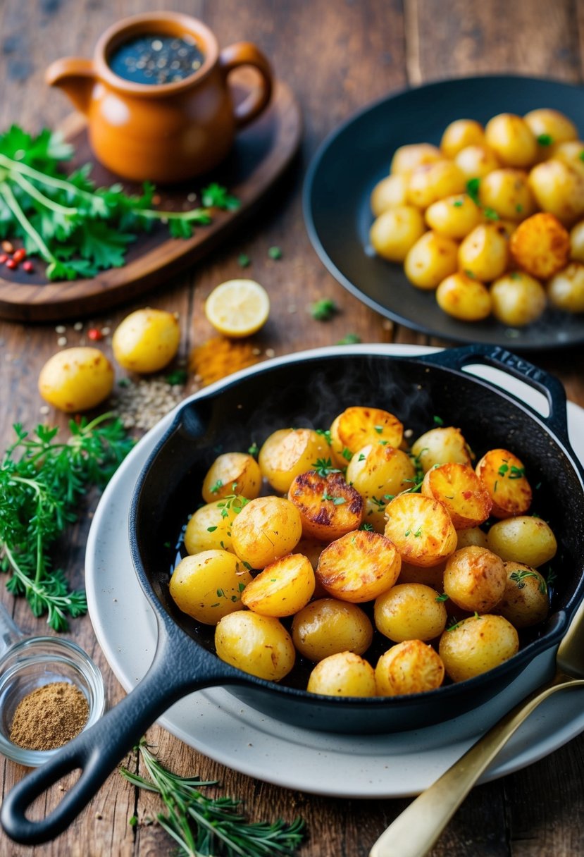 Golden, crispy breakfast potatoes sizzling in a cast iron skillet, surrounded by colorful herbs and spices. A steaming plate of potatoes sits on a rustic wooden table