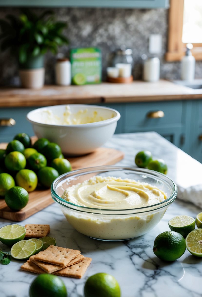 A rustic kitchen with a marble countertop covered in fresh key limes, graham crackers, and a mixing bowl filled with creamy key lime pie filling