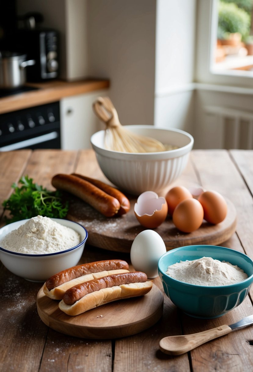 A rustic kitchen table set with ingredients for Toad-in-the-Hole, including sausages, flour, eggs, and a mixing bowl