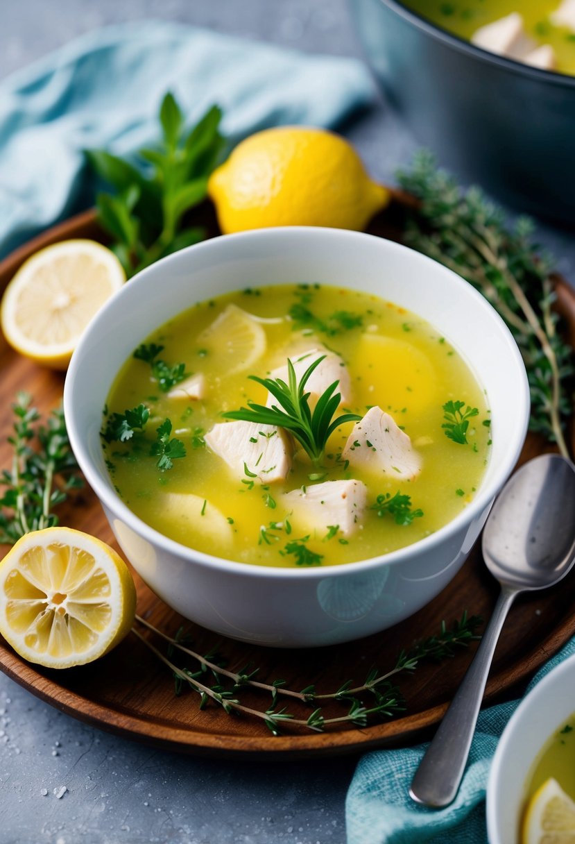 A steaming bowl of Avgolemono soup surrounded by fresh lemon, herbs, and tender pieces of chicken