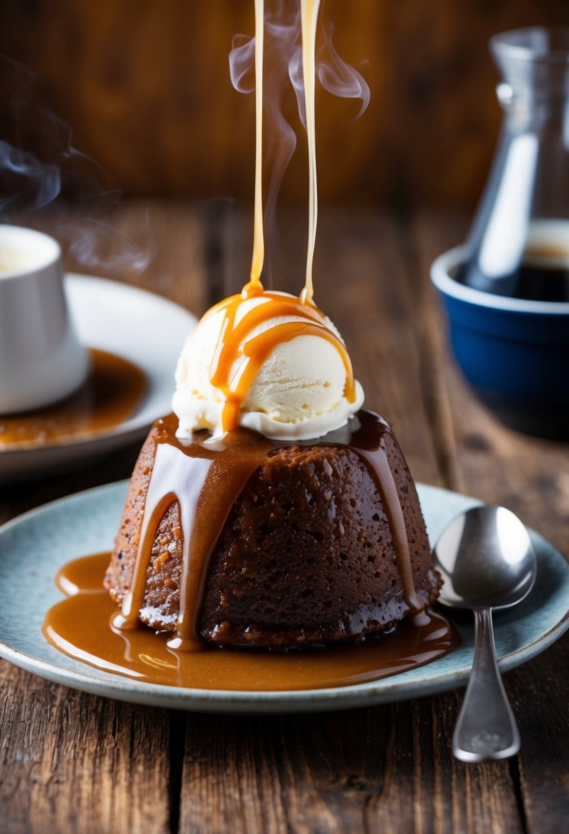 A steaming sticky toffee pudding sits on a rustic wooden table, surrounded by a dollop of creamy vanilla ice cream and drizzled with a rich toffee sauce