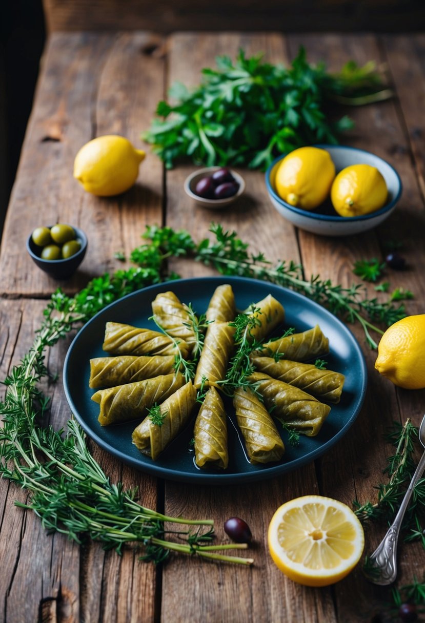 A rustic wooden table set with a platter of dolmades surrounded by fresh herbs, lemons, and olives