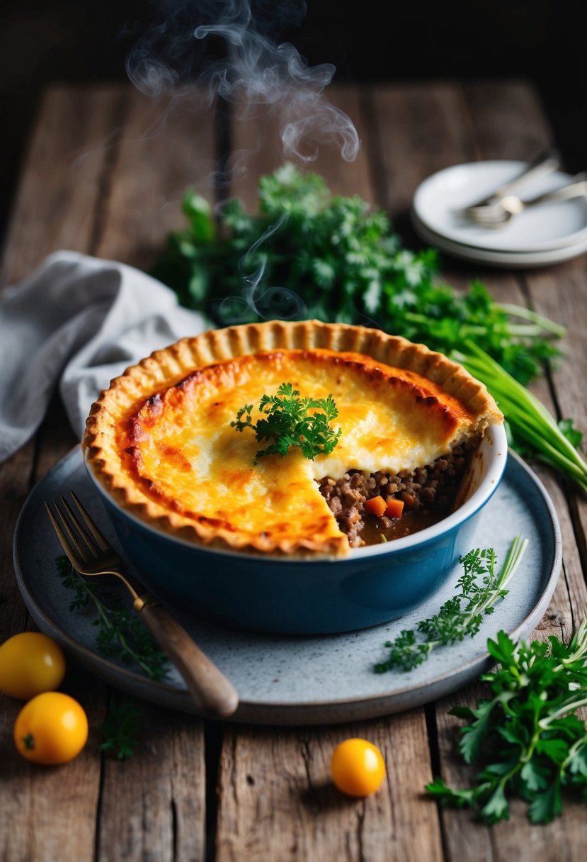 A steaming Shepherd's Pie sits on a rustic table, surrounded by fresh herbs and vegetables