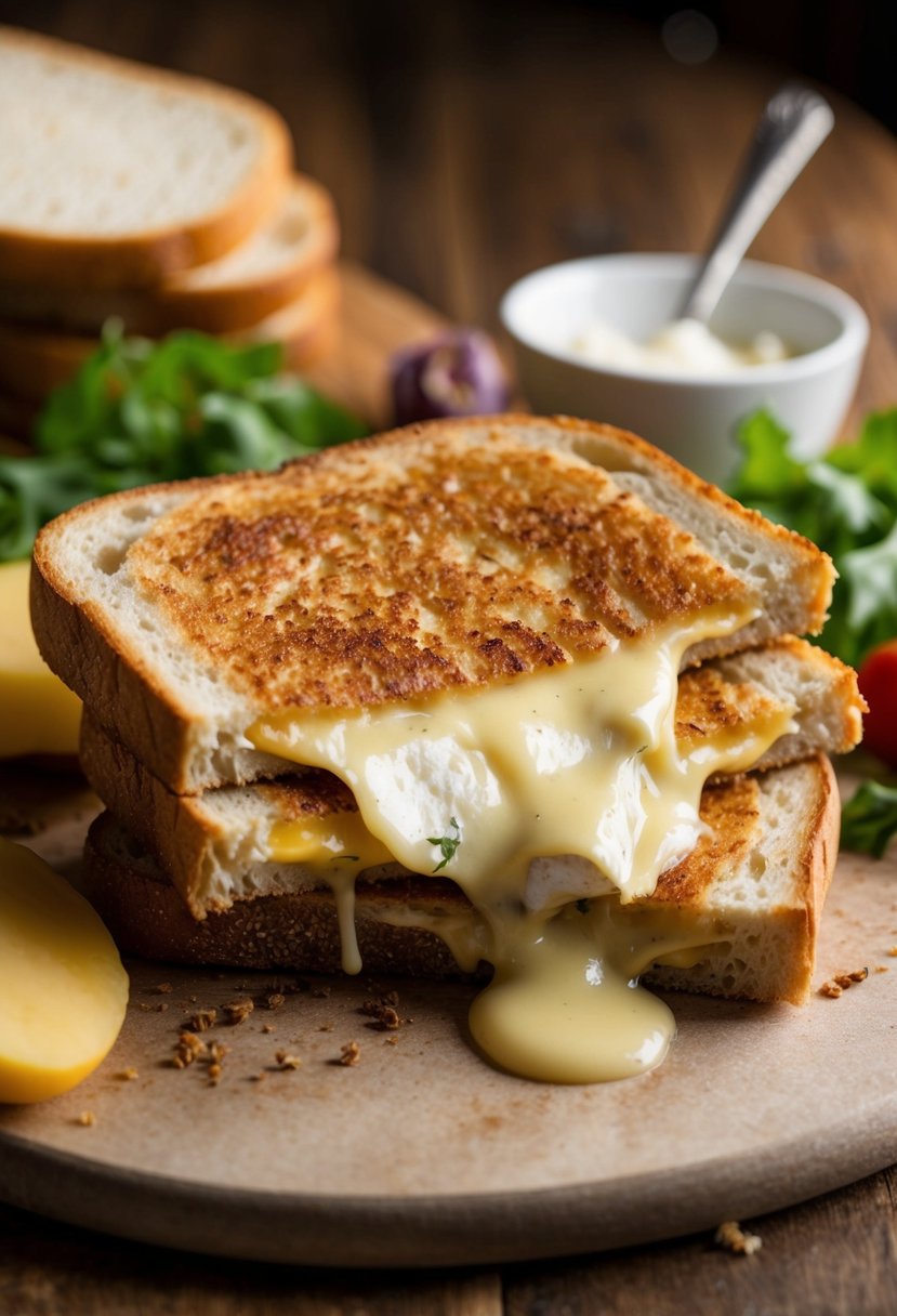 A sizzling grilled cheese sandwich on sourdough bread with melted brie oozing out, surrounded by fresh ingredients and a warm, inviting atmosphere