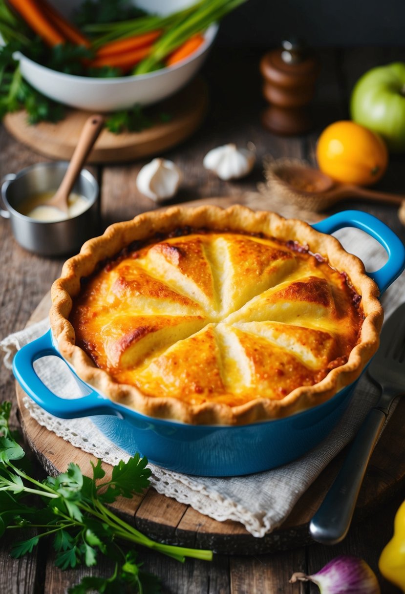 A bubbling dish of cottage pie sits on a rustic wooden table, surrounded by fresh ingredients and cooking utensils