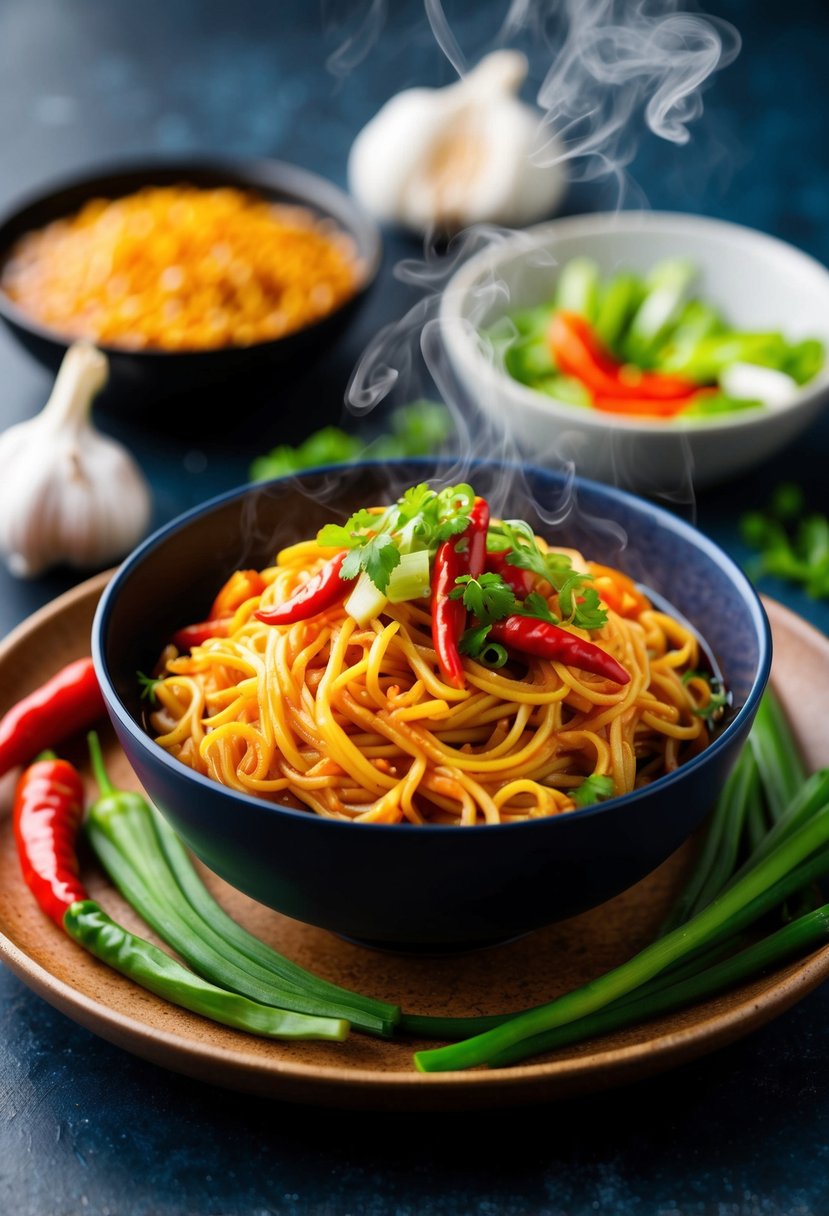 A steaming bowl of spicy Asian noodles surrounded by vibrant ingredients like chili peppers, garlic, and green onions