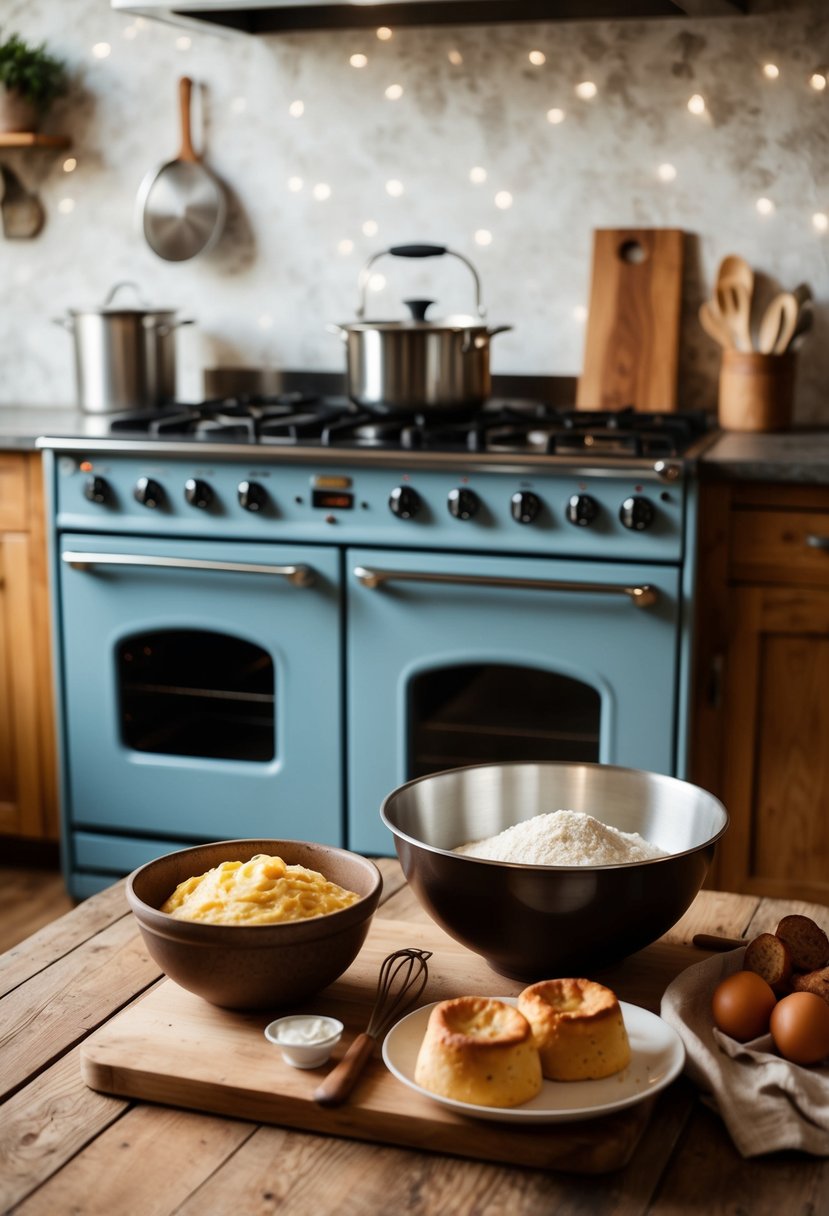 A rustic kitchen with a vintage oven, a mixing bowl, and ingredients for Yorkshire Pudding