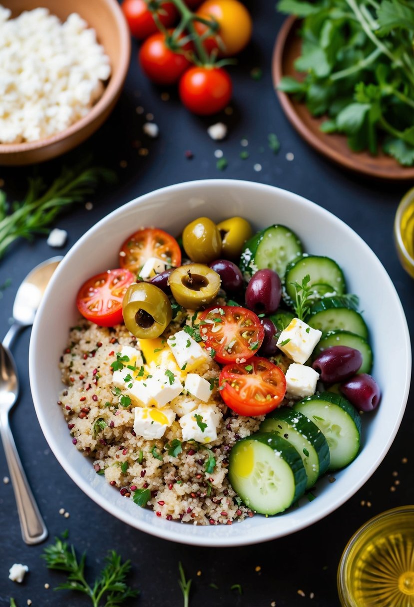 A colorful bowl filled with quinoa, cherry tomatoes, cucumbers, olives, and feta cheese, drizzled with olive oil and sprinkled with fresh herbs