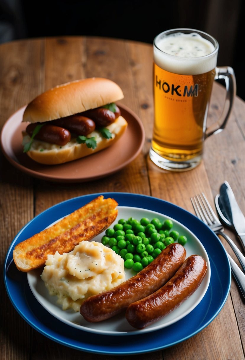 A table set with a plate of bangers and mash, accompanied by a side of peas and a pint of beer