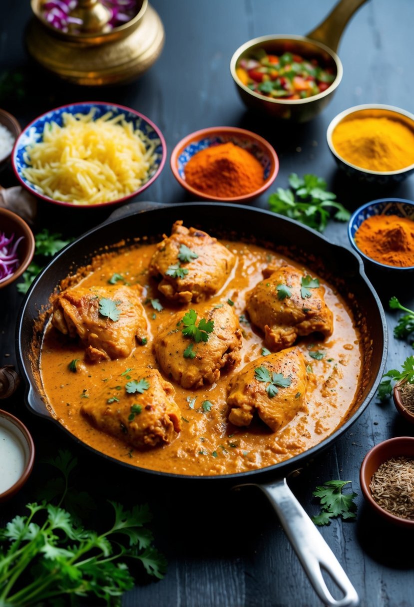 A sizzling skillet of Chicken Tikka Masala with vibrant spices and creamy sauce, surrounded by colorful ingredients and traditional Indian spices