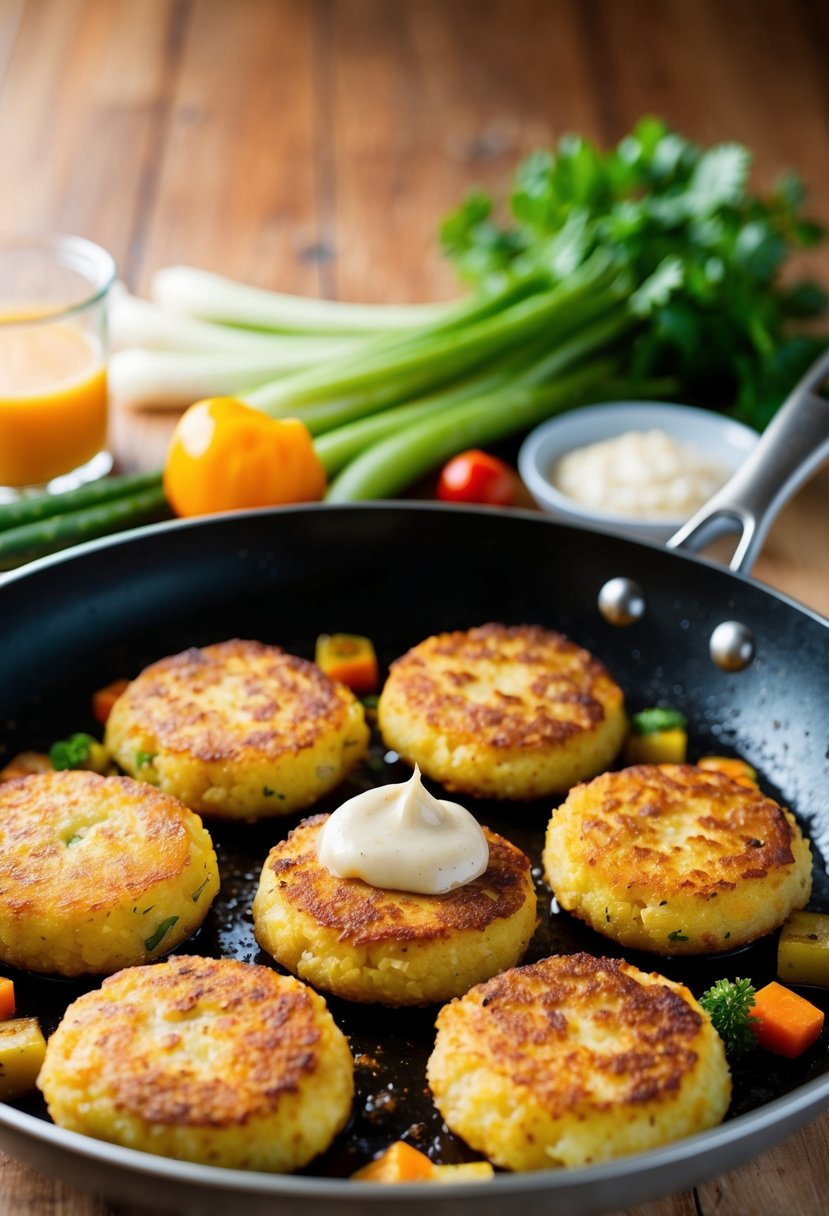 A sizzling skillet with golden brown bubble and squeak patties, surrounded by colorful vegetables and a dollop of savory sauce