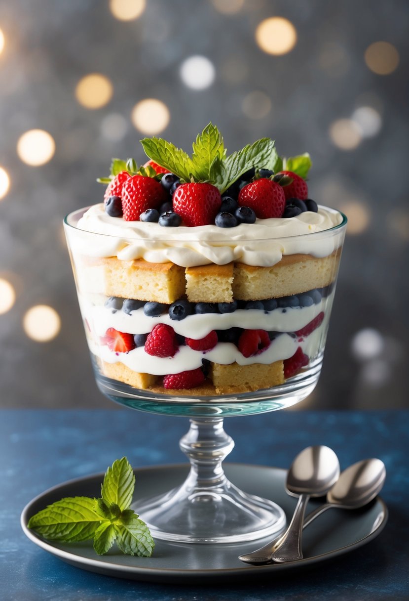 A glass trifle dish filled with layers of sponge cake, custard, fruit, and whipped cream, topped with fresh berries and mint leaves