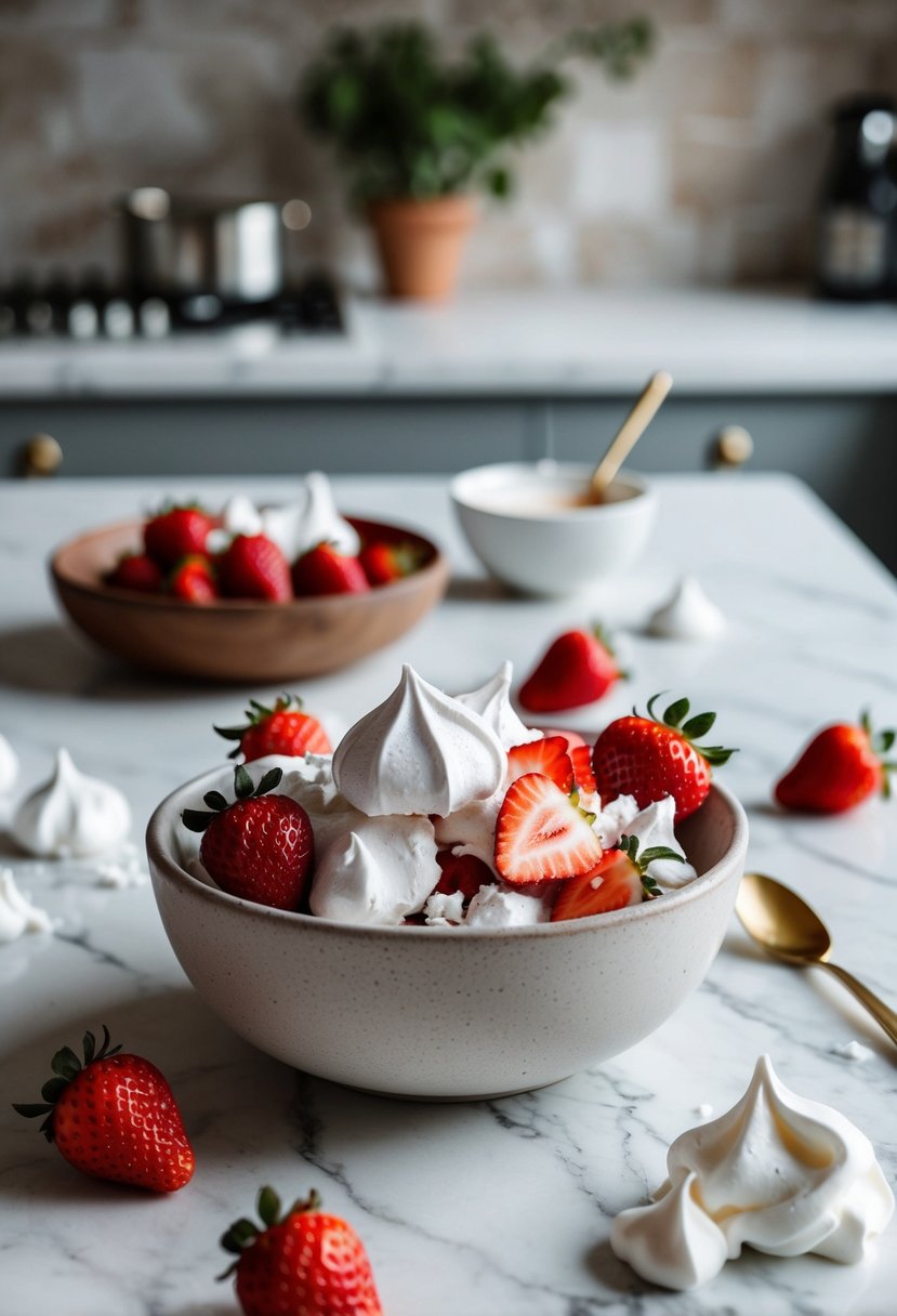 A rustic kitchen with a bowl of crushed meringue, strawberries, and whipped cream scattered on a marble countertop