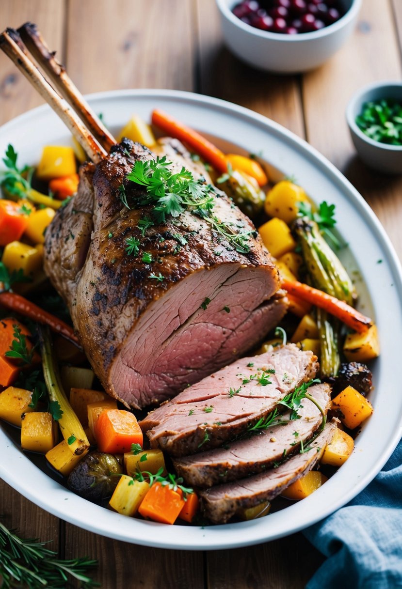 A succulent lamb roast surrounded by roasted vegetables and garnished with fresh herbs