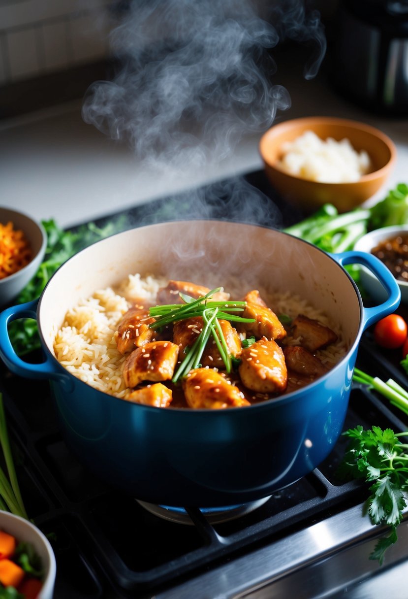 A steaming pot of teriyaki chicken and rice cooking on a stovetop, surrounded by fresh vegetables and herbs