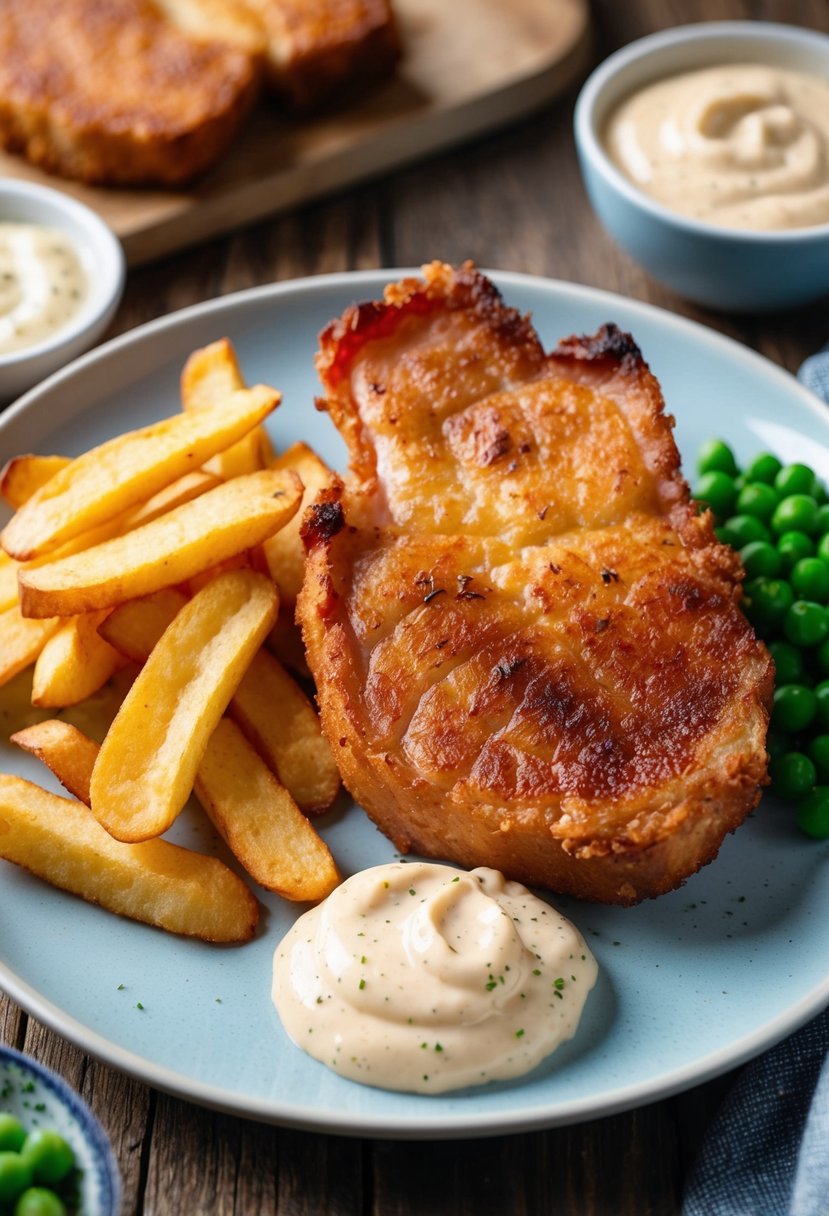 A plate of golden-brown fried gammon steak and crispy chips, accompanied by a side of peas and a dollop of tangy tartar sauce