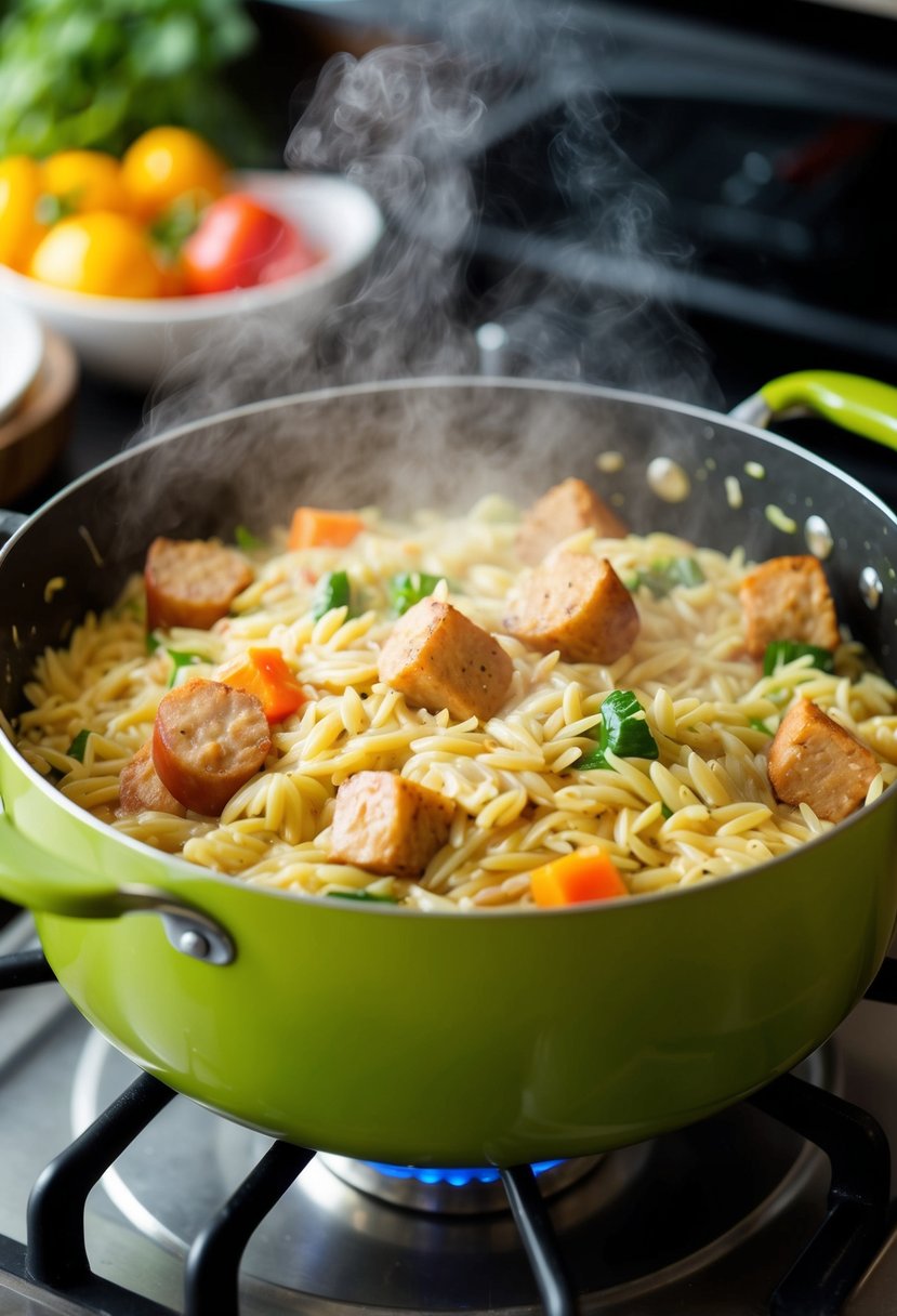 A steaming pot of creamy orzo with chunks of chicken sausage and colorful vegetables simmering on the stove