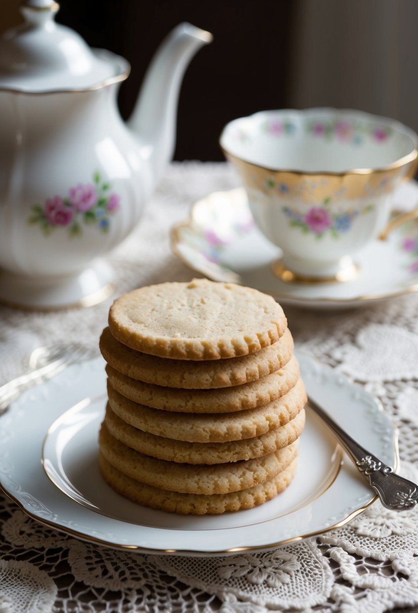 A table set with a stack of crumbly shortbread cookies, a vintage teapot, and a delicate china cup. A lace tablecloth adds a touch of elegance