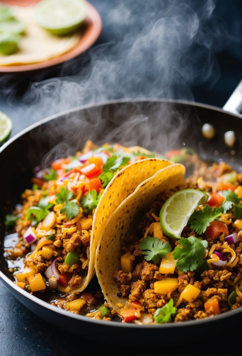 A sizzling skillet filled with colorful taco ingredients, bubbling and steaming as they cook together in a single pan