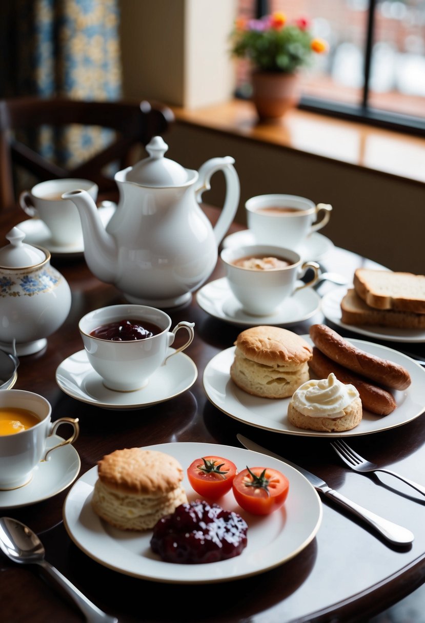 A table set with a teapot, cups, saucers, a plate of scones, jam, and clotted cream, alongside a full English breakfast of eggs, bacon, sausages, tomatoes, mushrooms, and toast