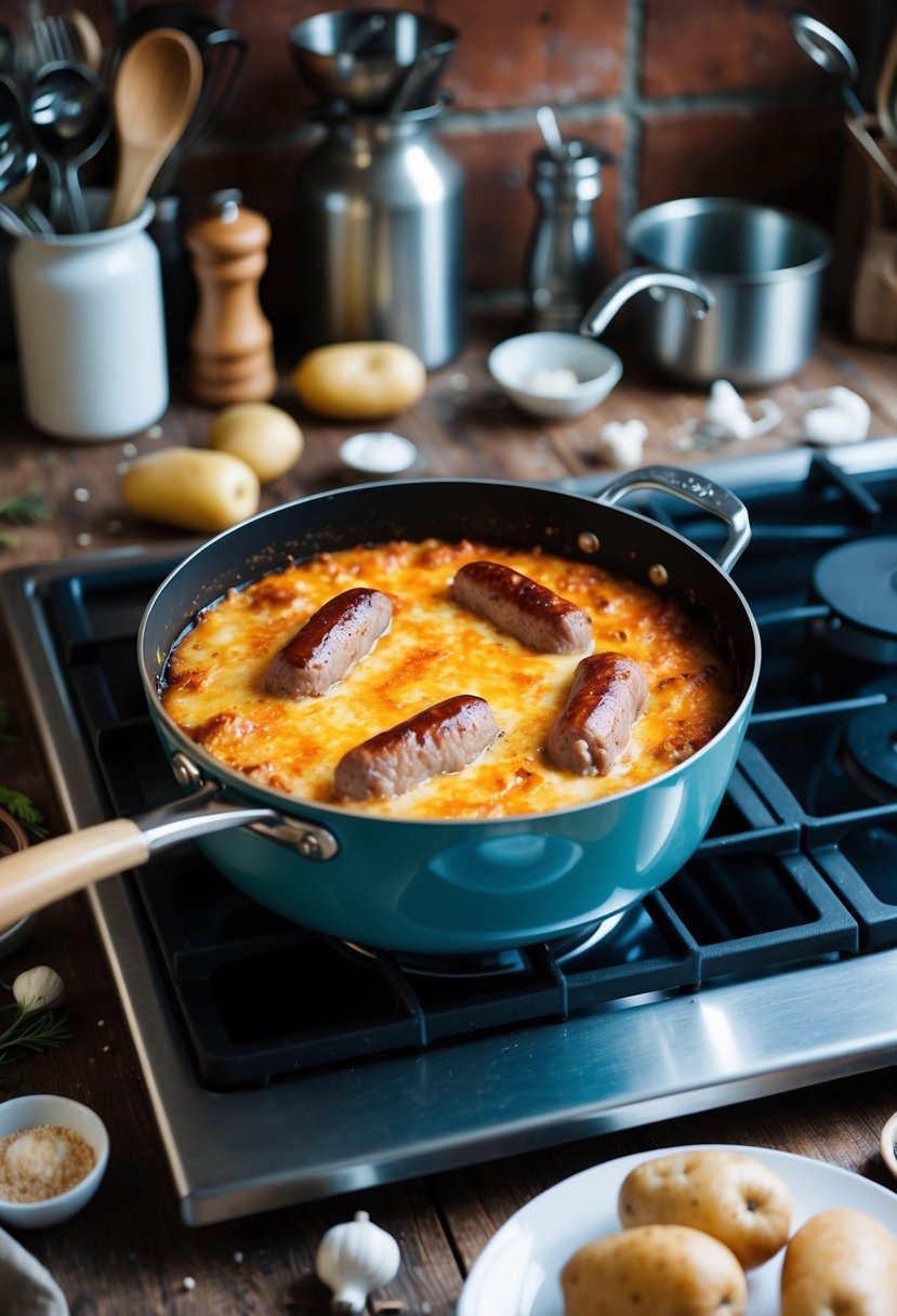 A rustic kitchen with a bubbling pot of sausage bake and potatoes on a stovetop, surrounded by scattered cooking utensils and ingredients